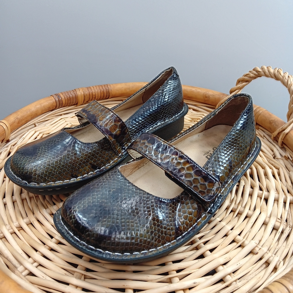 Alegria Snake-Texture Mary Jane Flats in Dark Brown and Black